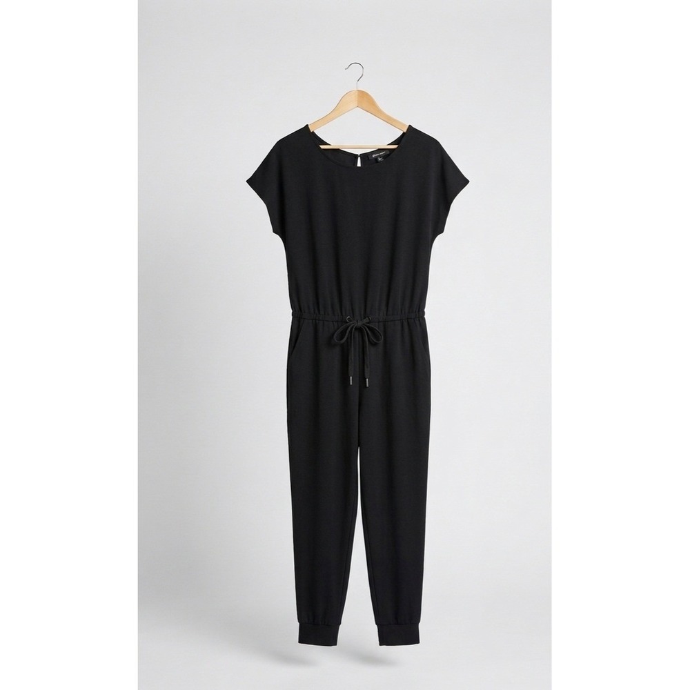 PRETTYGARDEN Black Short Sleeve Jumpsuit Drawstring Waist Jogger Romper Medium